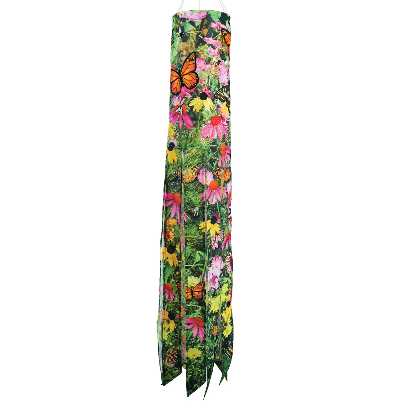 In the Breeze 5271 — Summer Garden 40-inch Illusion Windsock — Vibrant Decor, Embroidered Details, Fully Printed Tails